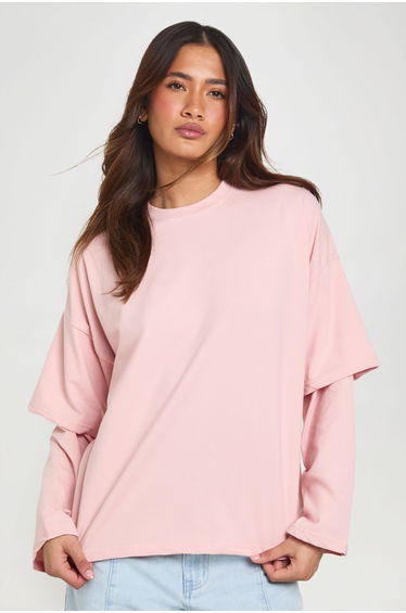 Double Sleeve Oversized Skater T-shirt - baby pink