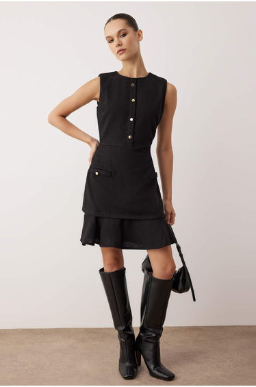 Black Button Short / Mini Tweed Woven Dress