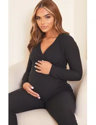 Maternity Black Brushed Rib Ruched Top