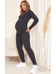 Maternity Black Brushed Rib Ruched Top - 2