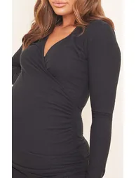 Maternity Black Brushed Rib Ruched Top - 3