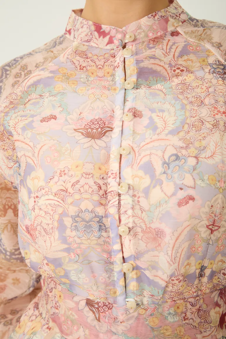 Soft Sunshine Pink Floral Print Puff Sleeve Top & Skirt Set - 1