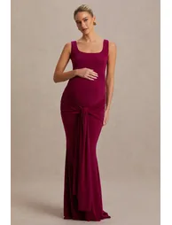 Baylin | Burgundy Square-Neck Maxi Dress With Ruched Detailing And Sash - 4