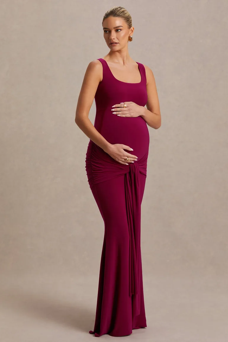 Baylin | Burgundy Square-Neck Maxi Dress With Ruched Detailing And Sash