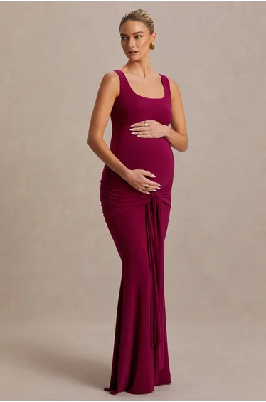 Baylin | Burgundy Square-Neck Maxi Dress With Ruched Detailing And Sash