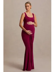 Baylin | Burgundy Square-Neck Maxi Dress With Ruched Detailing And Sash