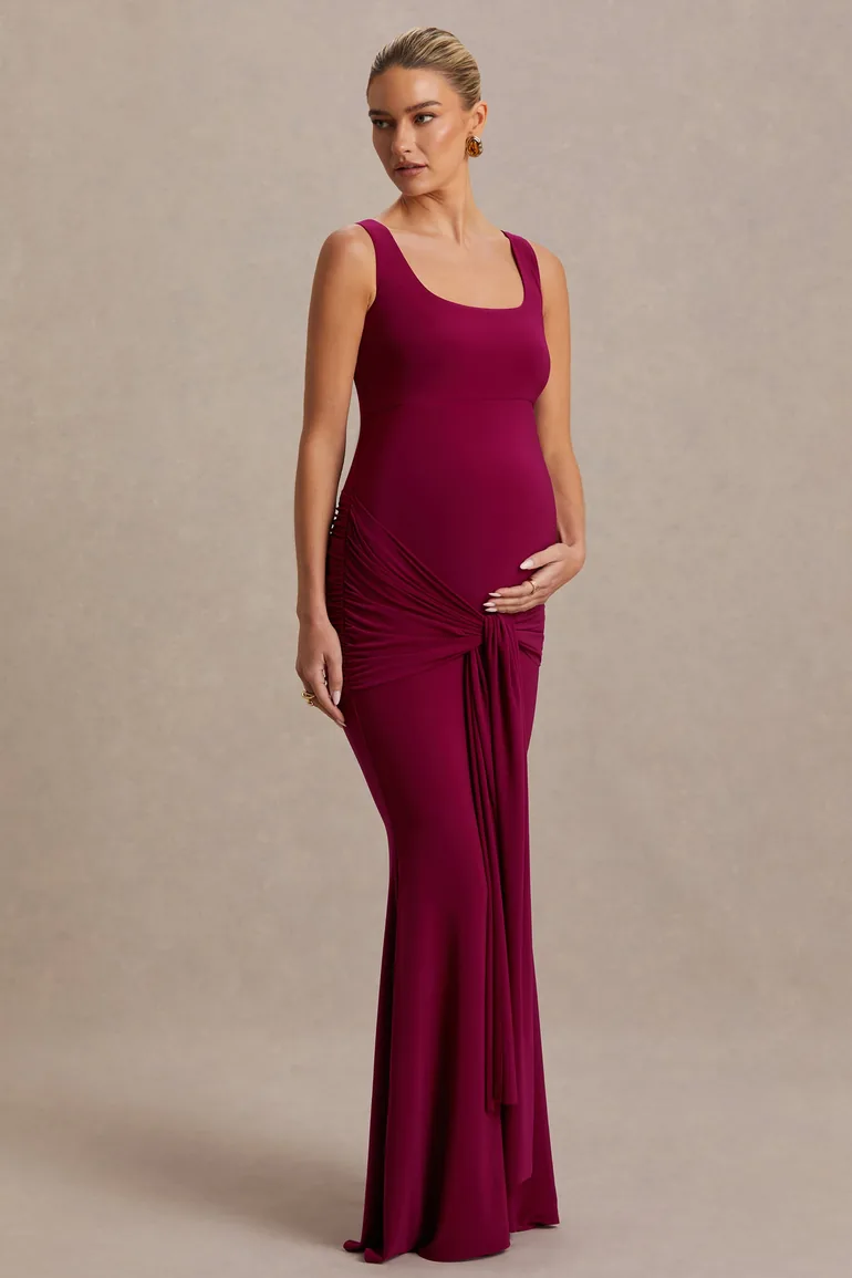Baylin | Burgundy Square-Neck Maxi Dress With Ruched Detailing And Sash - 3