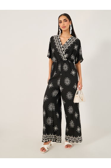 Printed V Neck Short Sleeve Jumpsuit