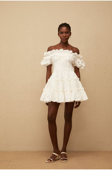 Irja White Off-Shoulder Shirred Mini Dress