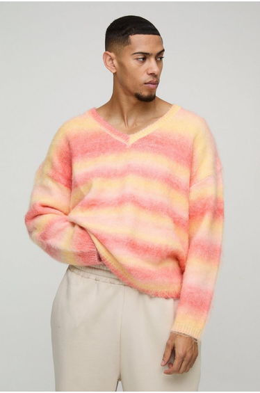 Oversized Boxy Brushed Stripe V Neck Knitted Jumper - orange