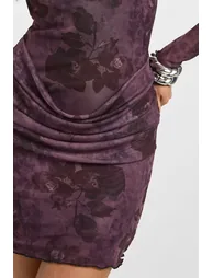 Floral Mesh Drape Waist Detail Mini Dress - plum - 3