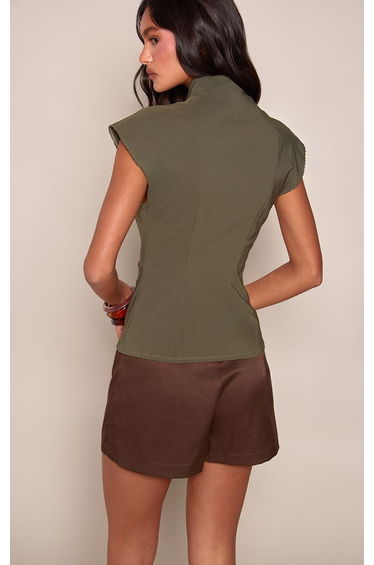 Khaki Stretch Woven Button Detail Cap Sleeve Top product thumbnail 3