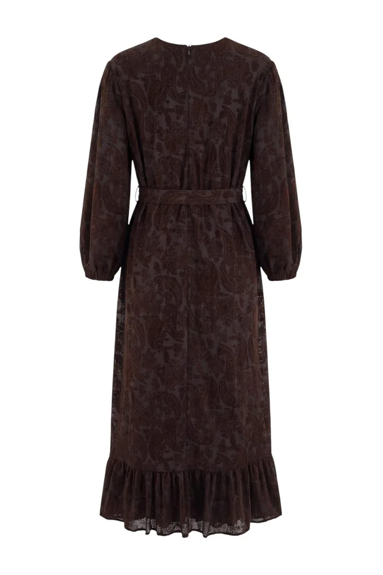 Brown Floral Skater/Waist Opening Maxi Woven Hijab Dress - 3