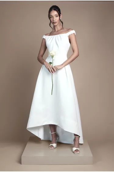 Bardot Fit and Flare Hi Low Hem Maxi Wedding Dress