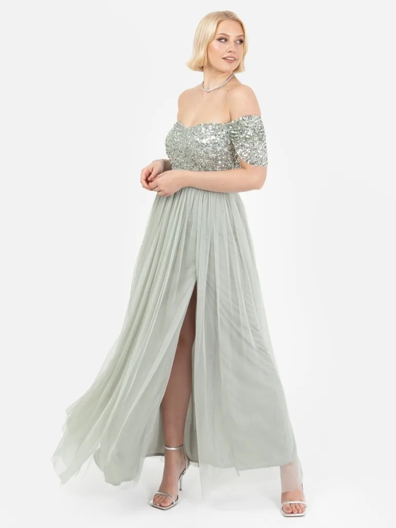 Shop Maya Sage Green Embellished Sweetheart Bardot Maxi Dress with Skirt Split Online in Oman Shop Maya Sage Green Embellished Sweetheart Bardot Maxi Dress with Skirt Split Online in Oman