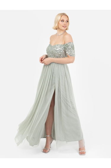 Maya Sage Green Embellished Sweetheart Bardot Maxi Dress with Skirt Split