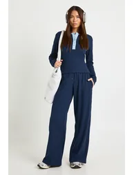 Contrast Binding Henley Button Down Top & Trouser Co Ord - navy