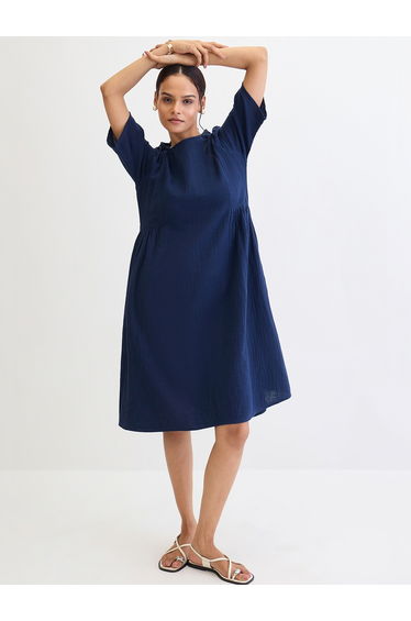 Navy Blue Cotton Side Gathers Detail Midi Dress