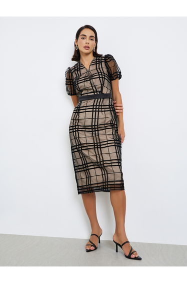 Black Organza Flocked Sheath Midi Dress