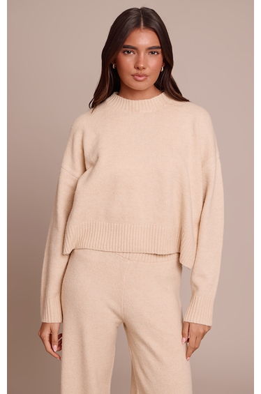Beige Marl Knitted Cropped Crew Neck Jumper
