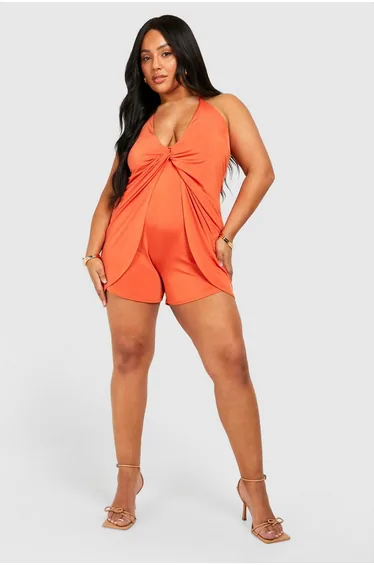 Plus Slinky Knot Detail Strappy Playsuit - rust