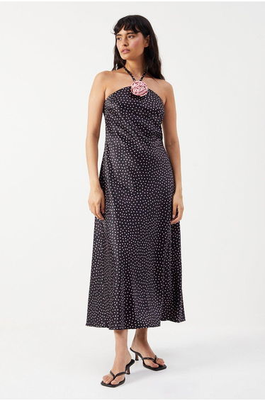 Satin Corsage Detail Bias Cut Maxi Dress