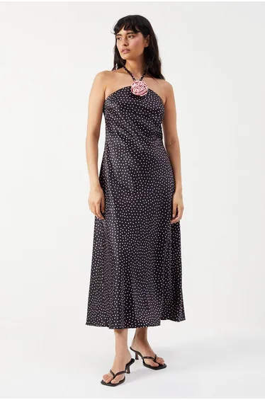 Satin Corsage Detail Bias Cut Maxi Dress