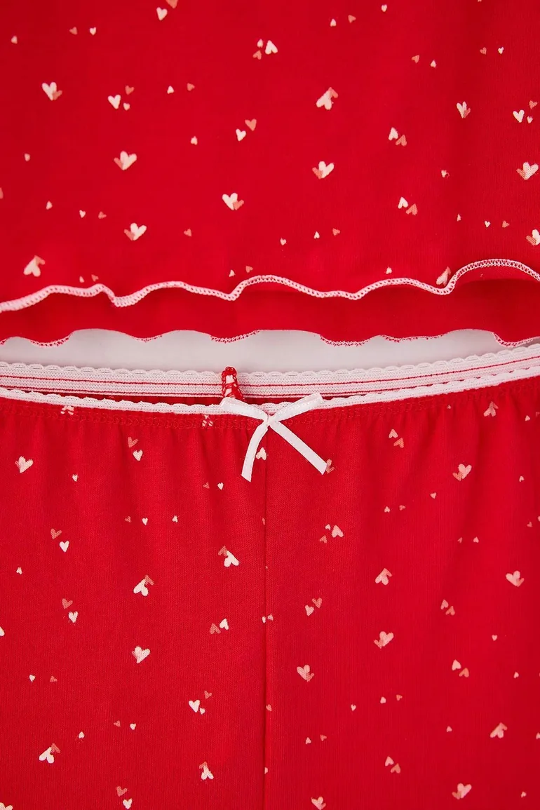 Red Cotton Lycra Soft Tuşe Heart Patterned Lace Detailed Knitted Pajama Set - 4
