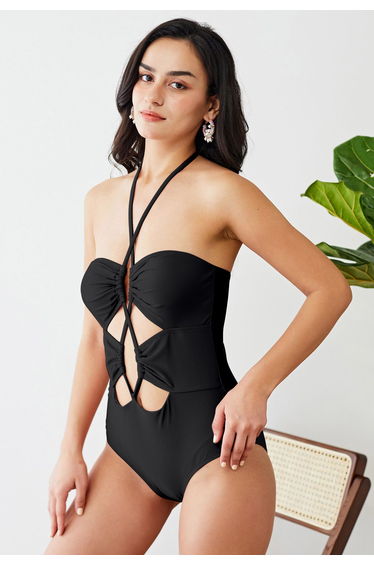Cutout Crisscross Halter Neck Swimsuit in Black