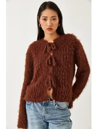 LUCCI Frilly Cropped Ribbed Knit Cardigan with Tie Closure - 2