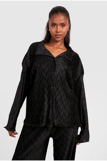 Wave Plisse Relaxed Fit Shirt - black