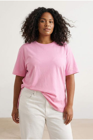 Pink Relaxed Crew Neck Slit 100% Cotton Knitted T-Shirt