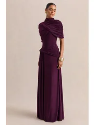 فستان ماكسي بأكمام كاب قصيرة بياقة عالية - أرجواني