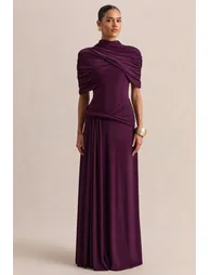 فستان ماكسي بأكمام كاب قصيرة بياقة عالية - أرجواني - 5