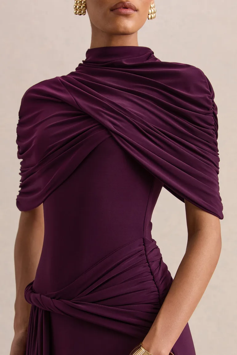 فستان ماكسي بأكمام كاب قصيرة بياقة عالية - أرجواني - 4