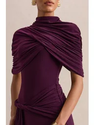 فستان ماكسي بأكمام كاب قصيرة بياقة عالية - أرجواني - 4