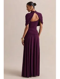 فستان ماكسي بأكمام كاب قصيرة بياقة عالية - أرجواني - 1