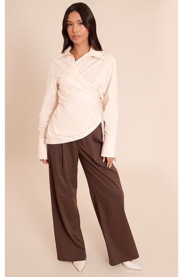 Cream Ruched Wrap Detail Long Sleeve Shirt