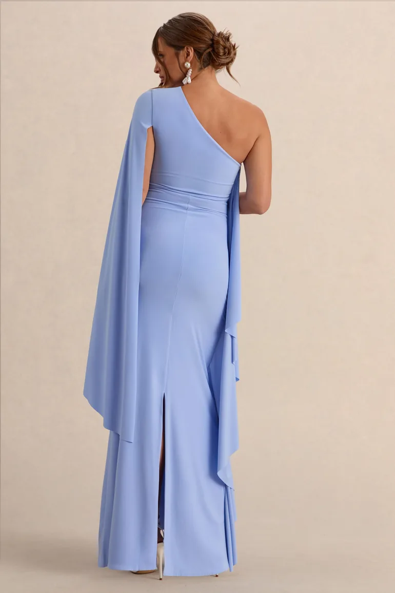 Shanae | Light Blue Asymmetric-Neck Maternity Maxi Dress With Cape Sleeve And Gathered Detailing - 1
