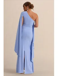 Shanae | Light Blue Asymmetric-Neck Maternity Maxi Dress With Cape Sleeve And Gathered Detailing - 1
