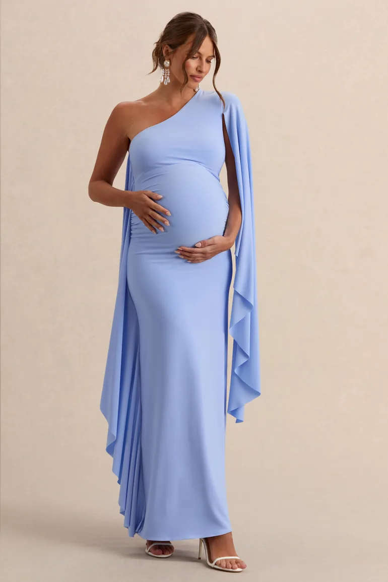 Shanae | Light Blue Asymmetric-Neck Maternity Maxi Dress With Cape Sleeve And Gathered Detailing
