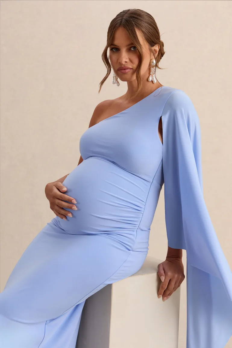 Shanae | Light Blue Asymmetric-Neck Maternity Maxi Dress With Cape Sleeve And Gathered Detailing - 4