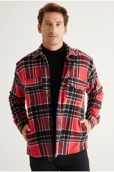 Men's Red-black Oversize Loose Cut Button Collar Checked Winter Shirt Jacket