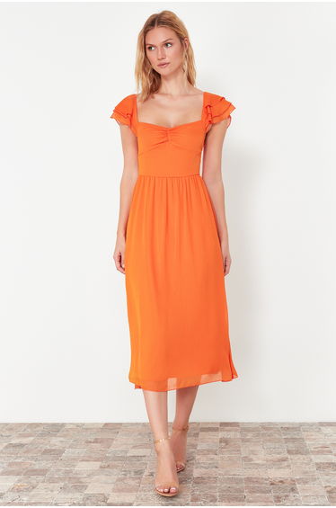 Orange Waist Opening Chiffon Lined Midi Woven Dress