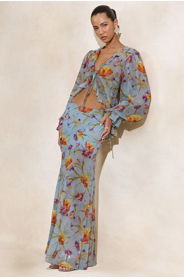 Alveta | Blue Floral Chiffon Sheer Maxi Skirt