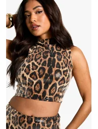 Petite Leopard Sequin High Neck Top - 3