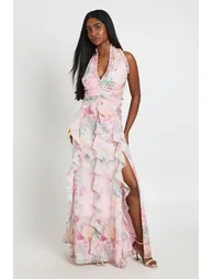 Chiffon Floral Ruffle Detail Halterneck Maxi Dress - peach