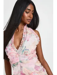 Chiffon Floral Ruffle Detail Halterneck Maxi Dress - peach - 3