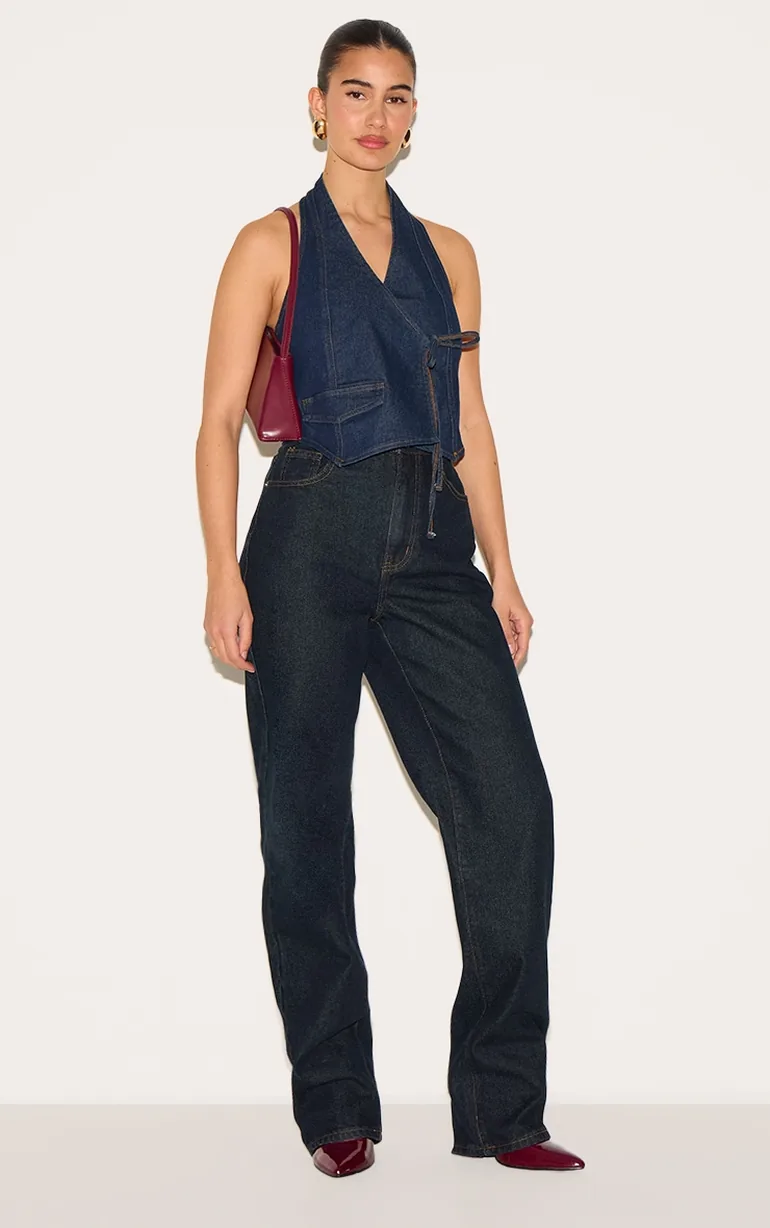 Indigo Halter Neck Wrap Front Denim Waistcoat