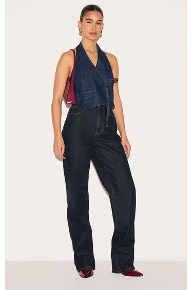 Indigo Halter Neck Wrap Front Denim Waistcoat